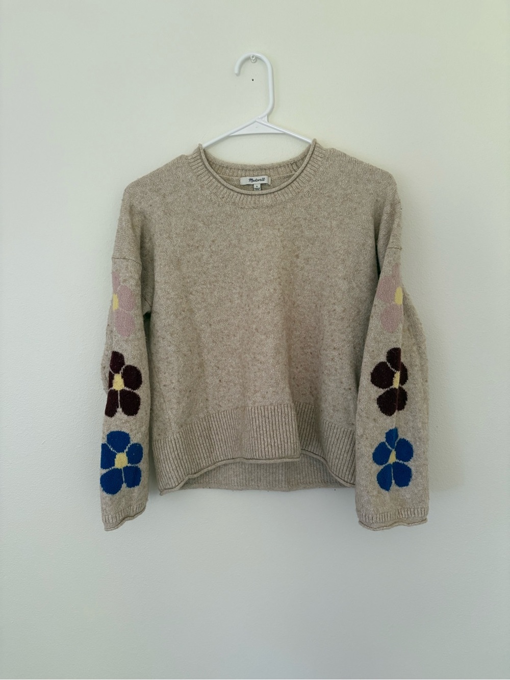 Madewell Beige Floral Sleeves Knit Crewneck Sweater Women’s SMALL - Picture 3 of 7